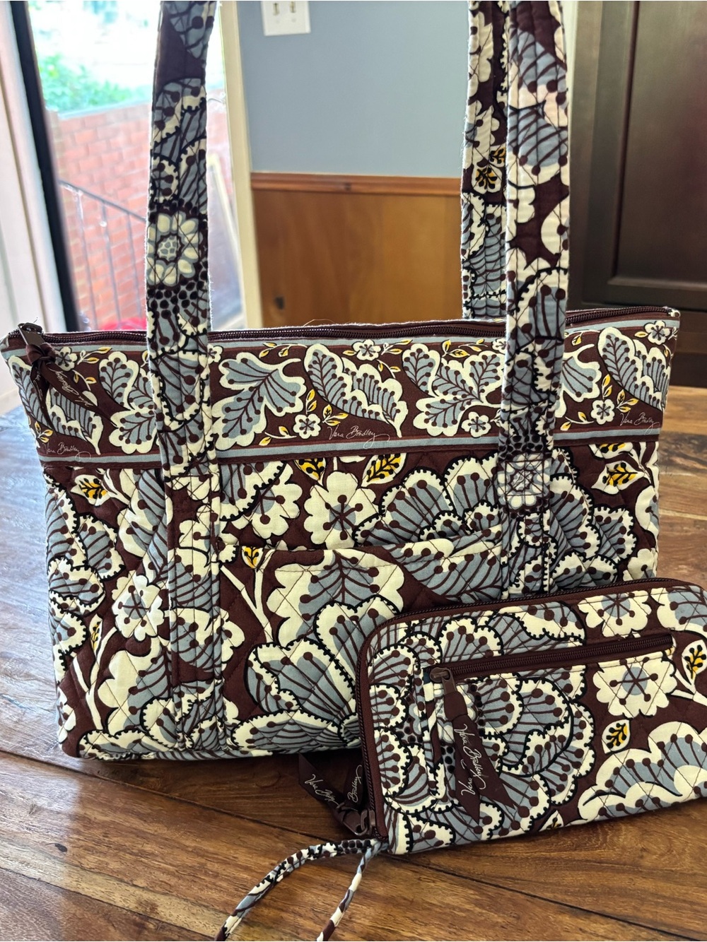 Vera Bradley Slate Bloom Brown, Cream & Blue Quilted Floral Tote with Wristlet